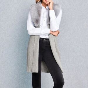 Talbots Faux Fur Collar Woven Knit Vest Cardigan Gray Size XL